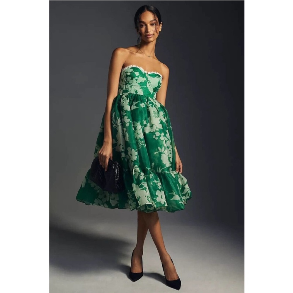 Selkie x Anthropologie Floral Green & White Corset Strapless Tea Length Dress XS